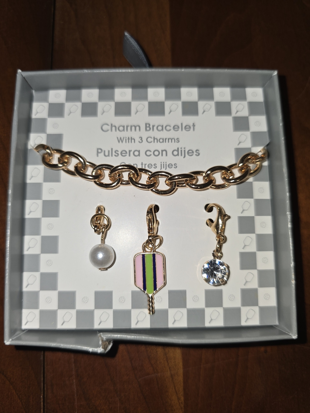 Pickleball Gold Chain Charm Bracelet with Pink, Green & White Charms, New in Box